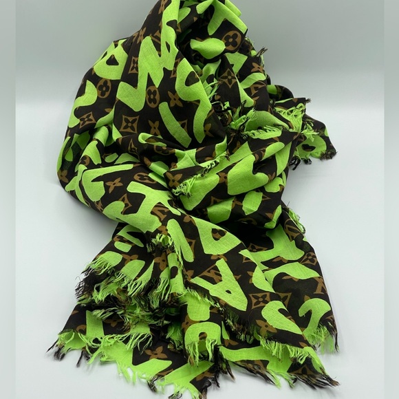 Louis Vuitton x Stephen Sprouse Graffiti Neon Green Monogram Scarf Stole Wrap - Picture 4 of 12